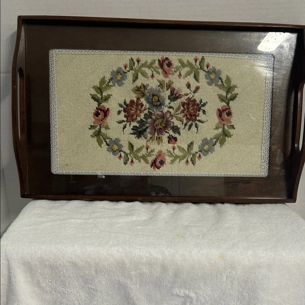 Floral Embroidered Wooden Vanity Tray